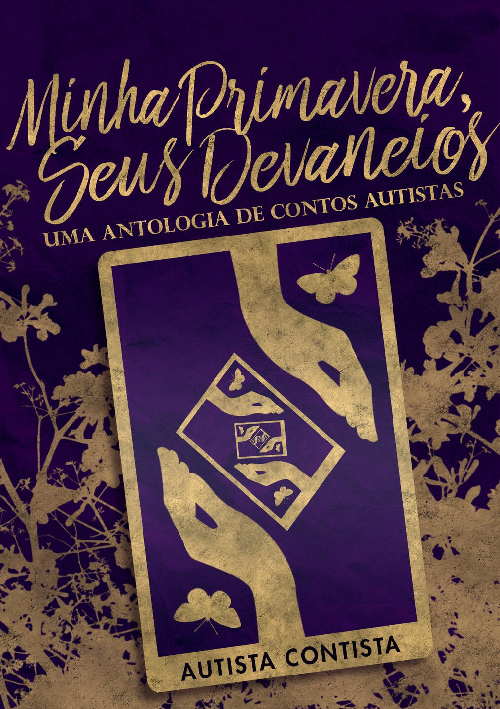 A capa tem fundo roxo escuro e elementos em dourado. Todos elementos da capa, incluindo ilustrações e textos, estão inclinados levemente no sentido anti horário. O título do livro se encontra na parte superior, lê-se em fonte manuscrita o título "Minha Pri